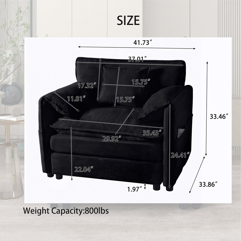 Fauteuil surdimensionné en chenille de 42 pouces de large avec coussin décoratif, Noir