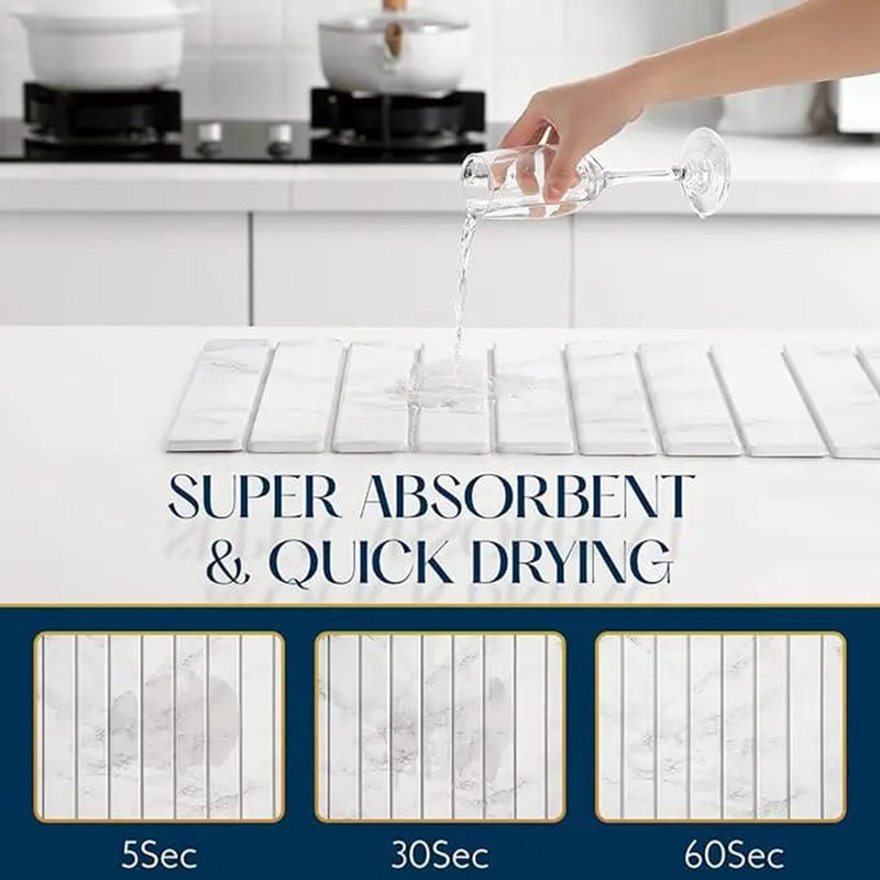 Fast-Dry Super Absorbent Diatomaceous Earth Mat, 23.62"x15.35" Large Foldable Stone Drainer Pad , Non-Slip Heat-Resistant for Kitchen Countertops, Dishes, Cups & Bathroom（Marble White）