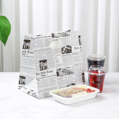Restaurantware-Bag Tek 11 x 7 x 11 Inch Paper Take Out Bags, 100 With Handles Paper Shopping Bags - Rectangle, Medium, Newsprint Paper Gift Bags, Sturdy, For Shopping, Parties, Or Take Out