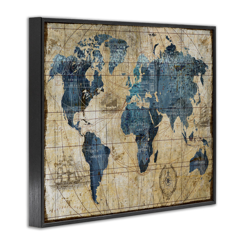 Carte du monde abstraite par Art Licensing Studio - impression, Giclée encadrée noir minuit, H 16 po x l 20 po
