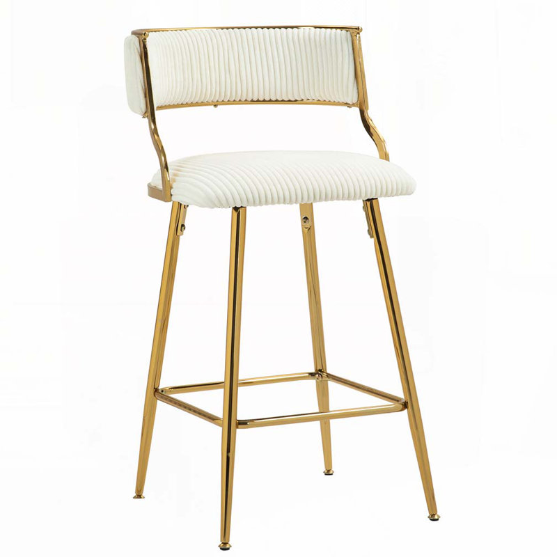 (SET of 2) 26'' Counter height bar stools Corduroy kitchen island counter bar stool with back, base and footrest, White, Gold