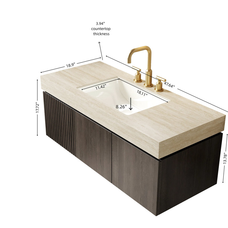 Lavabo de salle de bain 48 po avec comptoir en pierre frittée à motif, trou de trop-plein en céramique, rangement en contreplaqué flottant à 2 portes et 1 tiroir, évier supérieur pré-assemblé, à gratter et à haute résistance, rangement
