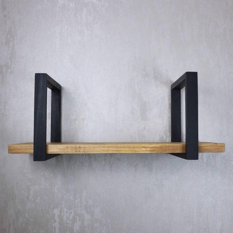 Antique Brown Pine Wood Wall Shelf with Black Metal Brackets