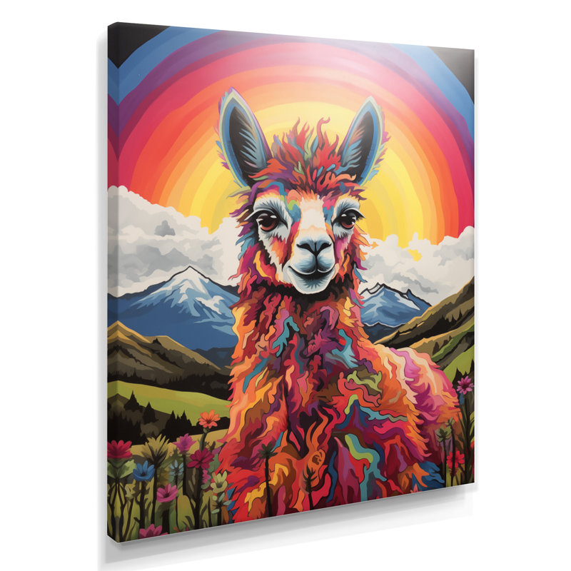 Alpaga au Chili paysage de montagne arc-en-ciel II - lama, décoration murale animal, Toile tendue, H 32 po x l 16 po x P 1 po