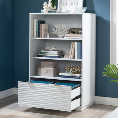 Bibliothèque contemporaine avec tiroir inférieur spacieux, deux tablettes réglables, glissières lisses, espace de vie design côtier, rangement pour bureau personnel