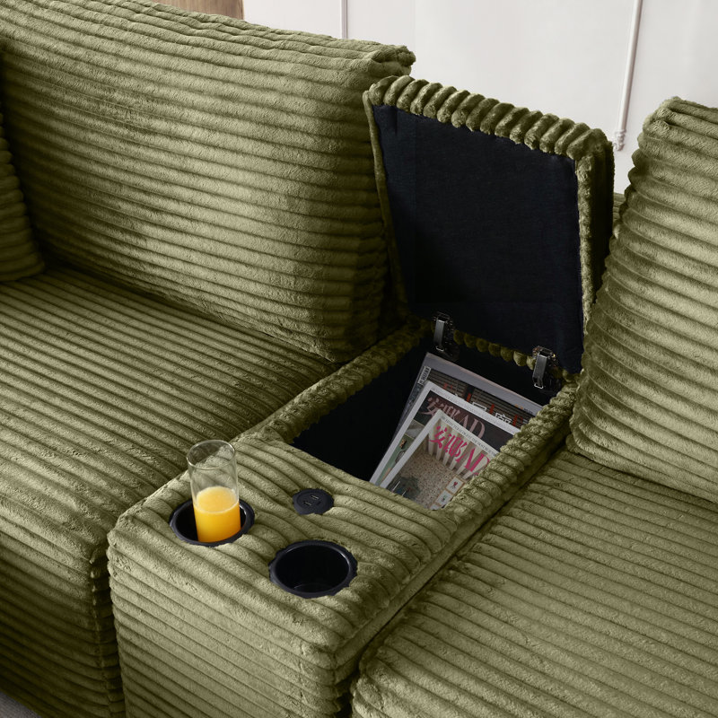 Canapé modulaire modulaire, canapé en nuage de velours côtelé à siège profond avec porte-gobelets, ports USB et boîte de rangement, canapé-lit, canapé sans dossier avec repose-pieds mobile pour le salon, aucun assemblage requis, vert
