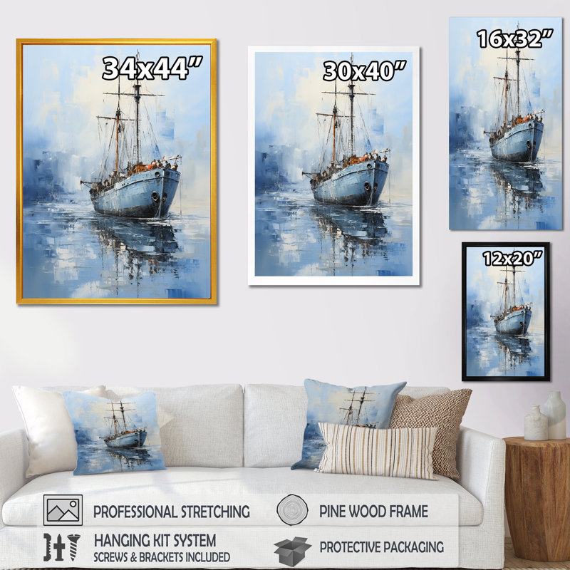 «Minimalist Blue Boat Horizong II - Coastal Minimalisme», art mural, Cadre flottant doré, H 40 po x l 30 po x P 1,5 po