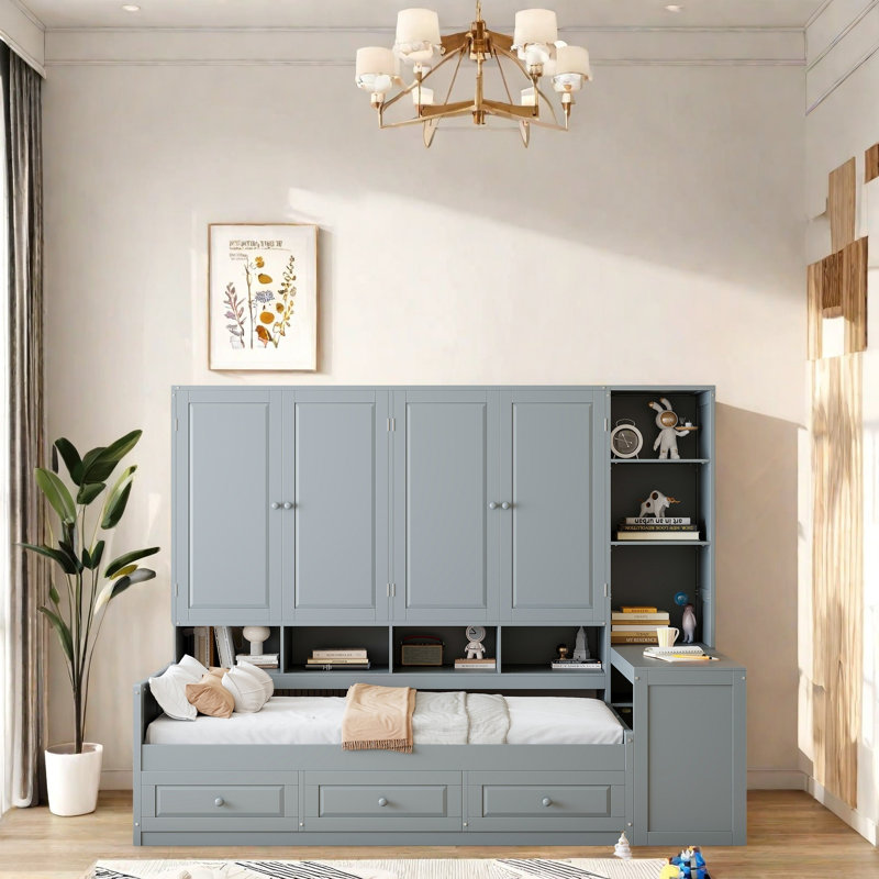 Multi-Functional Daybed with Desk, Shelves, Cabinets and Drawers, Space-Saving Bed Frame with Storage, Reversible Layout, Wood Frame for Bedroom, Apartment, Home Office