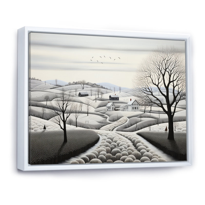 Maryly " Winter Farm Monochrome Harvest III ", H 30 po x l 40 po x P 1,5 po, Cadre flottant blanc