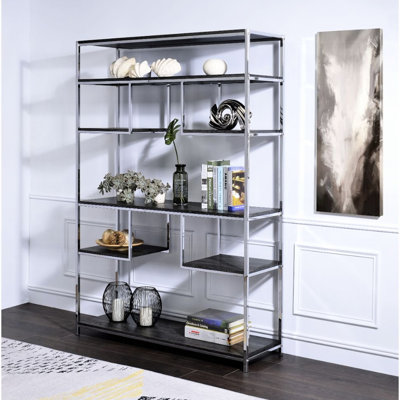 Chêne rustique gris et étagère de rangement à 8 tablettes, élément attrayant géométrique, fabrication en métal, étagères réglables pour bibliothèque de porche - unité de support géométrique moderne, cadre, bois