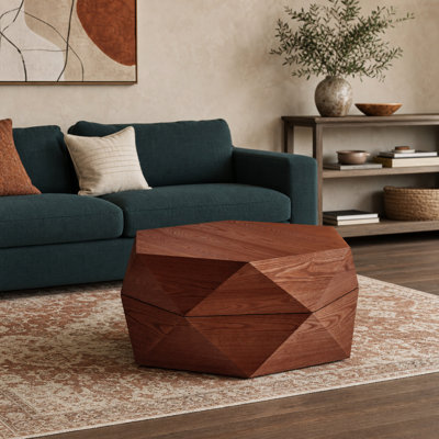Table basse 36,61 po de style rétro avec plateau escamotable Polygon, espace caché rabattable, table basse cylindrique en placage de bois massif avec rangement pour le salon, la chambre à coucher et le bureau, brun rougeâtre, brun