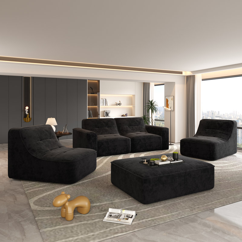 Ensemble de canapé modulaire moderne en chenille de 143,7 po - Canapé modulaire capitonné avec repose-pieds, méridienne et chaise d'appoint, siège profond, sans assemblage