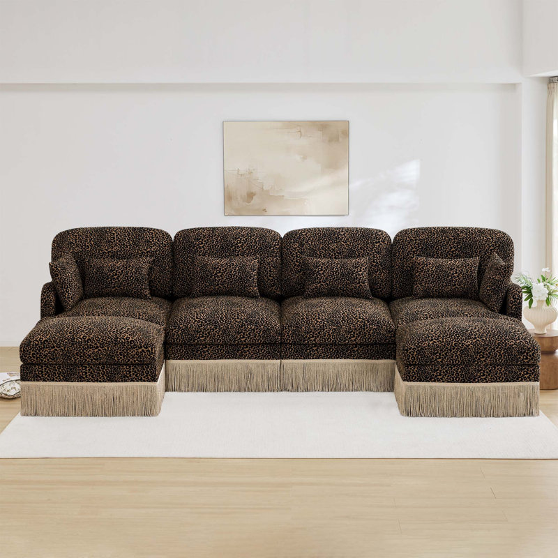 Canapé en U avec repose-pieds modulaire en chenille Comfy, Brown, 34.6" H x 131.5" W x 55.5" D