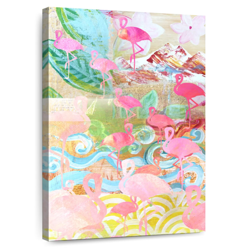 Flamant rose collage, H 48 po x l 32 po