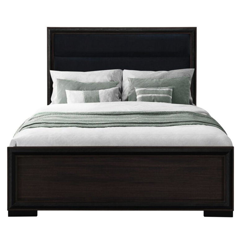 Lit très grand avec lit à DEL, bois massif moderne et lit, tête de lit tapissier en noir complet (accent, garniture, rembourrage, détails brun tout autour)