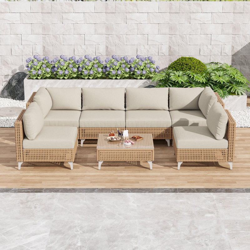 Ensemble de conversation de patio en osier 7 pièces avec canapé modulaire, coussins et table basse pour le jardin ou la cour