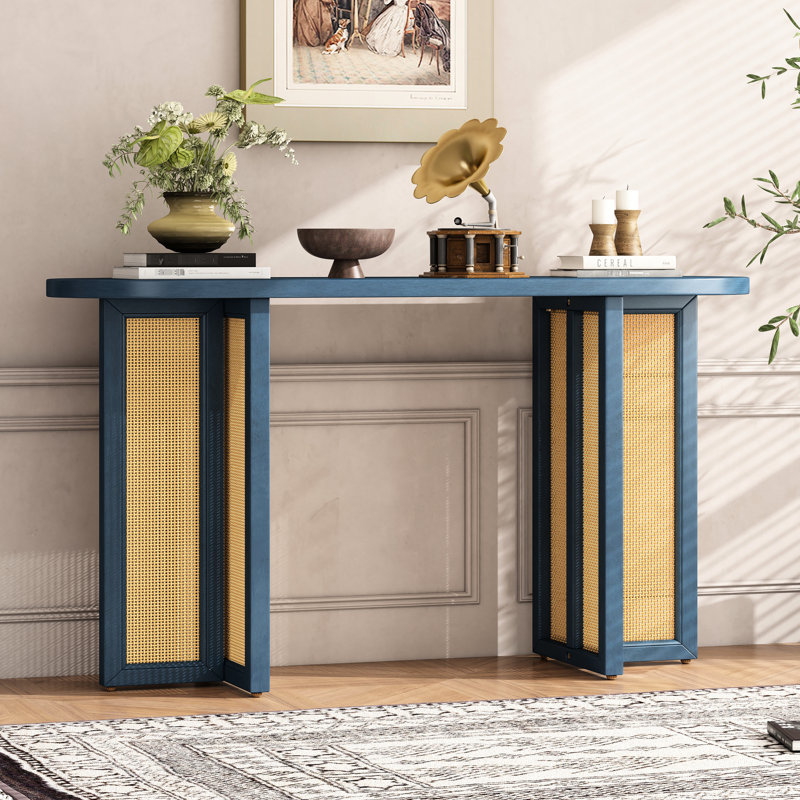 Console étroite pour entrée, style Mid-Century, fabrication en bois massif, option de rangement, table bleu marine, vestibule avec salon, plateau de table ovale, pieds