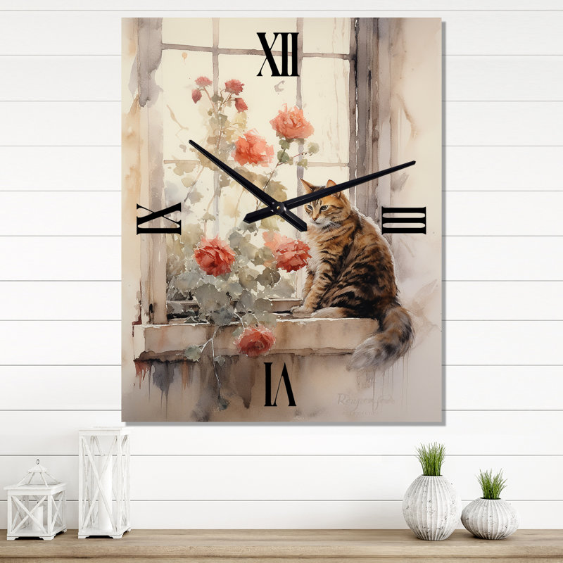 Horloge murale moderne avec un chat brun assis sur une fenêtre, Très grand