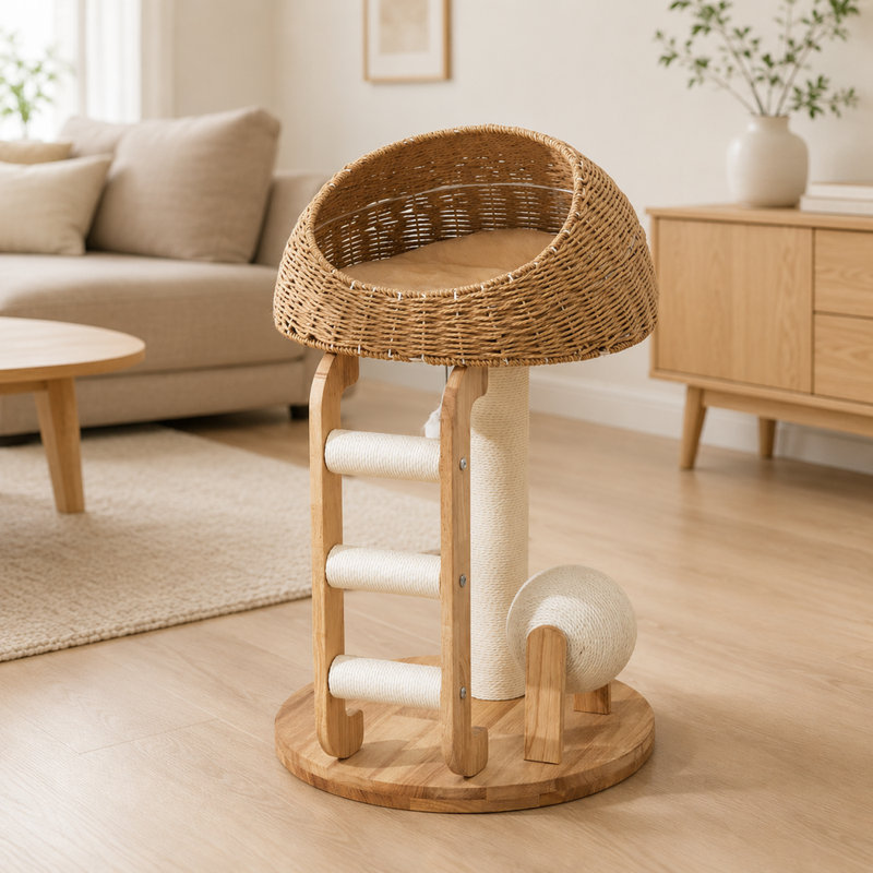 Arbre à chat compact en bois avec lit panier tressé, poteau à griffer en sisal, échelle d'escalade et boule à gratter