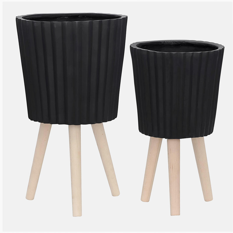 S/2 10/12" RIDGED PLANTER W/ WOOD LEGS, BLACK (KD)