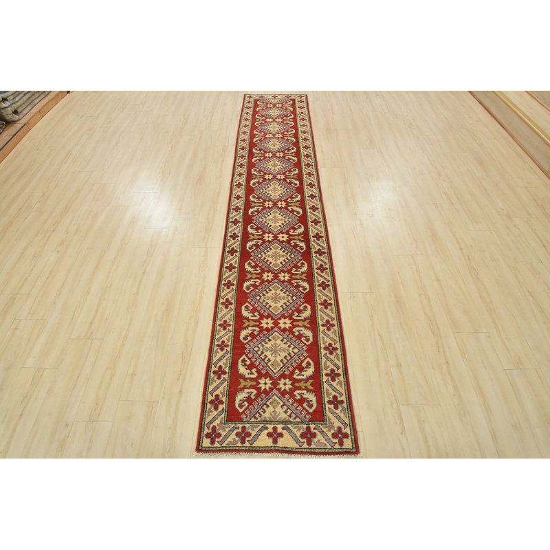 Tapis de couloir rouge nouvel âge en laine 2 pi 3 po x 11 pi 2 po Moravka