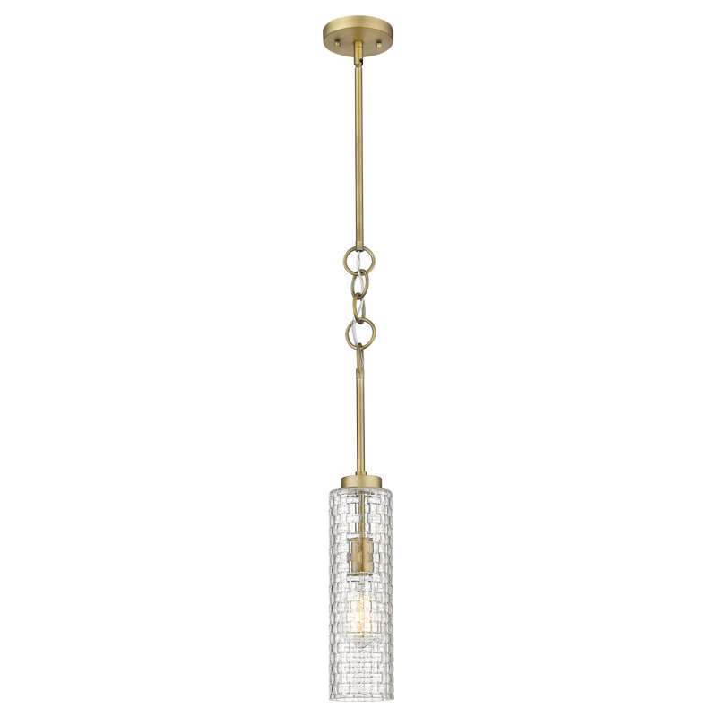 Luminaire suspendu cylindrique à 1 lumière Allisia, Laiton brossé, Tissage de panier transparent