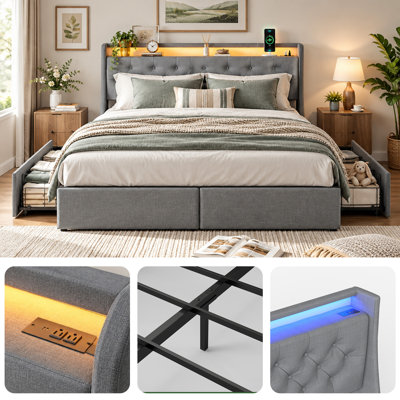 Queen Size Metal Bed Frame, Storage Headboard with LED Light, Charging Station and 4 Under‑Bed Drawers, Grey, No Box Spring Needed