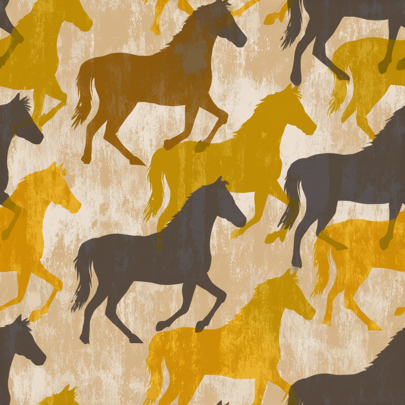 Cheval et silhouettes de papier peint jaune moutarde amovible, Peler et coller