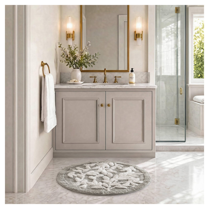 Tapis de bain rond en coton gris tufté à motifs floraux, 63,5 cm (25 po), certifié OEKO-TEX®, antidérapant.