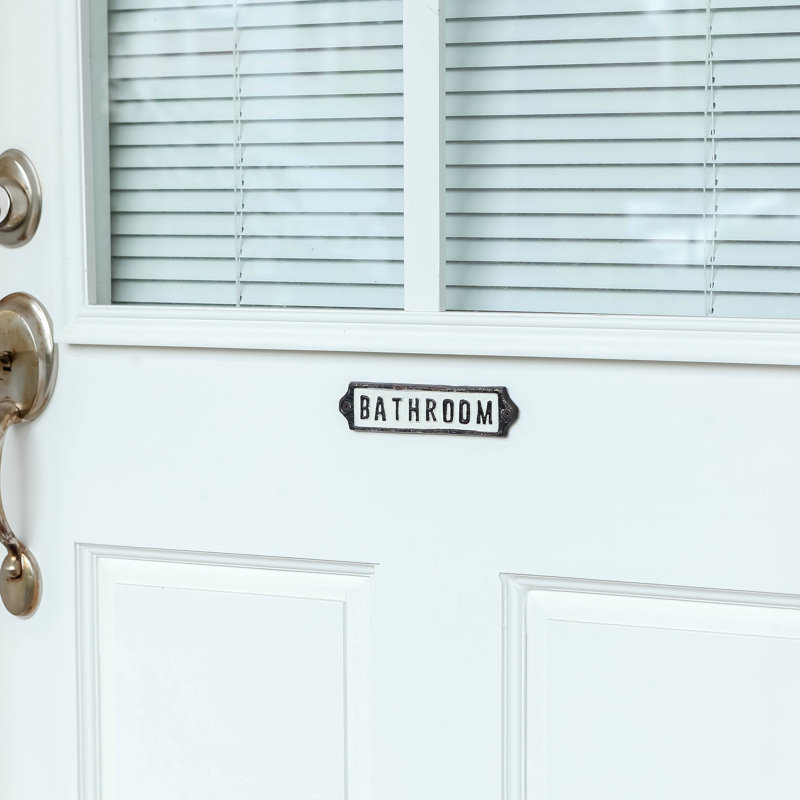 Cast Iron Bathroom Door Sign, White/Black Text, 1.38" H x 5.91" W x 0.2" D