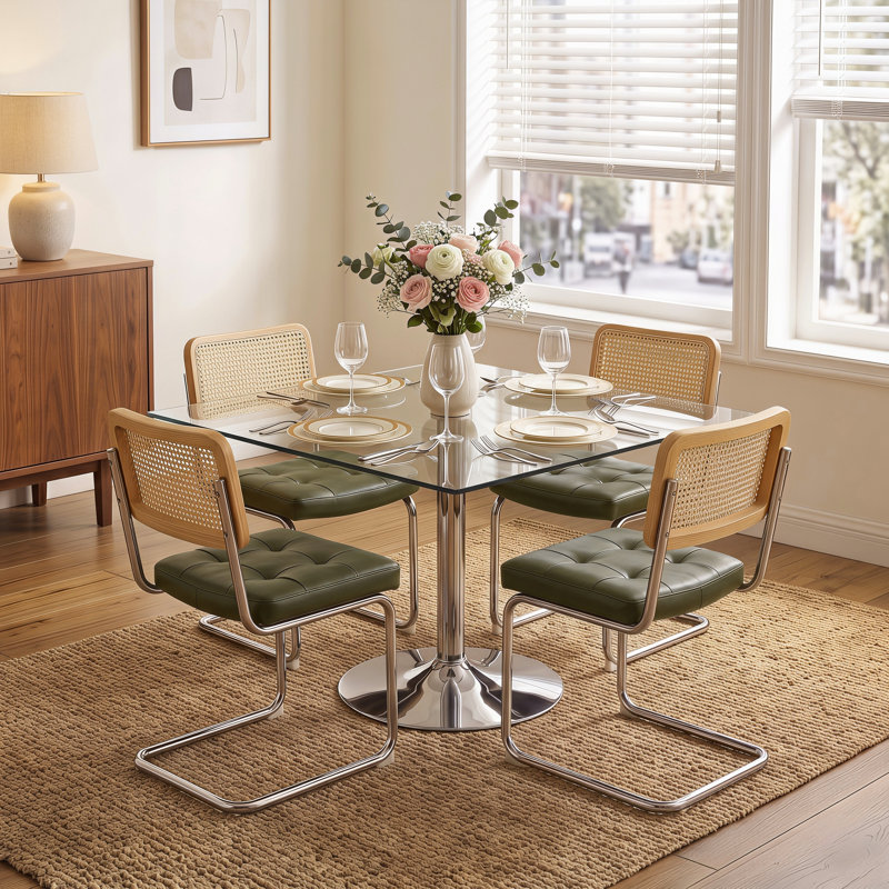 Ensemble de table de salle à manger 39 po en verre trempé pour 4 personnes avec chaises à dossier canne chromé, Green