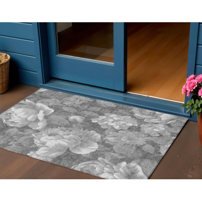 3' X 5' Gray And Charcoal Floral Washable Indoor Outdoor Area Rug