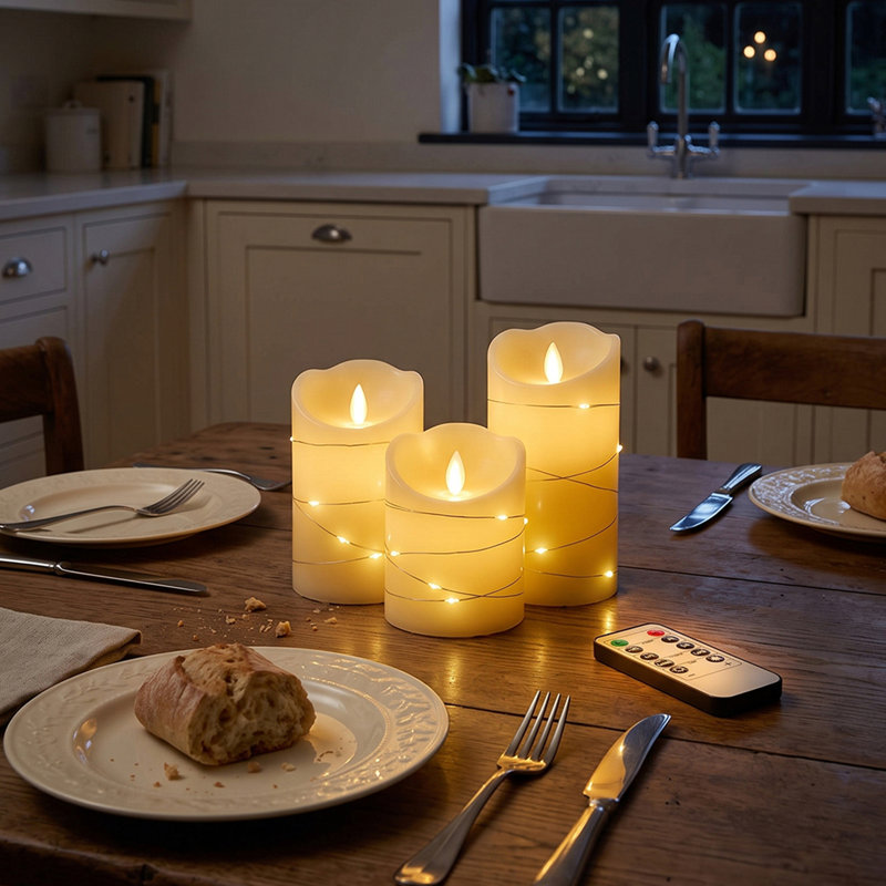 3Pcs LED Flameless Candles with String Lights and Remote Control
