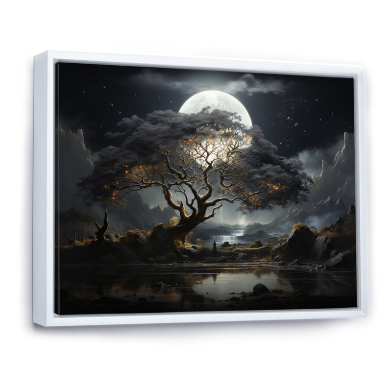 «Grey Tree Essence of Light - Trees», art mural, Cadre flottant blanc, H 34 po x l 44 po x P 1,5 po