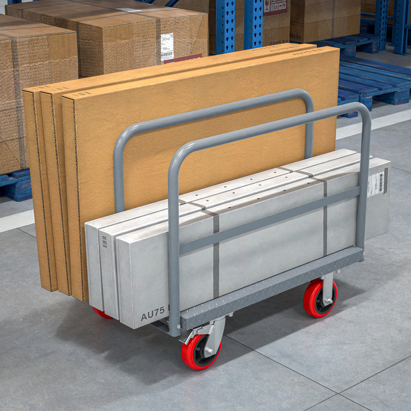 Chariot à panneaux de gypse, capacité 907 kg (2000 lb), plateforme en acier de 91 x 61 cm (36 x 24 po), 3 mains courantes latérales, roulettes pivotantes avec frein de 15 cm (6 po), pour la construction d'entrepôts, gris.