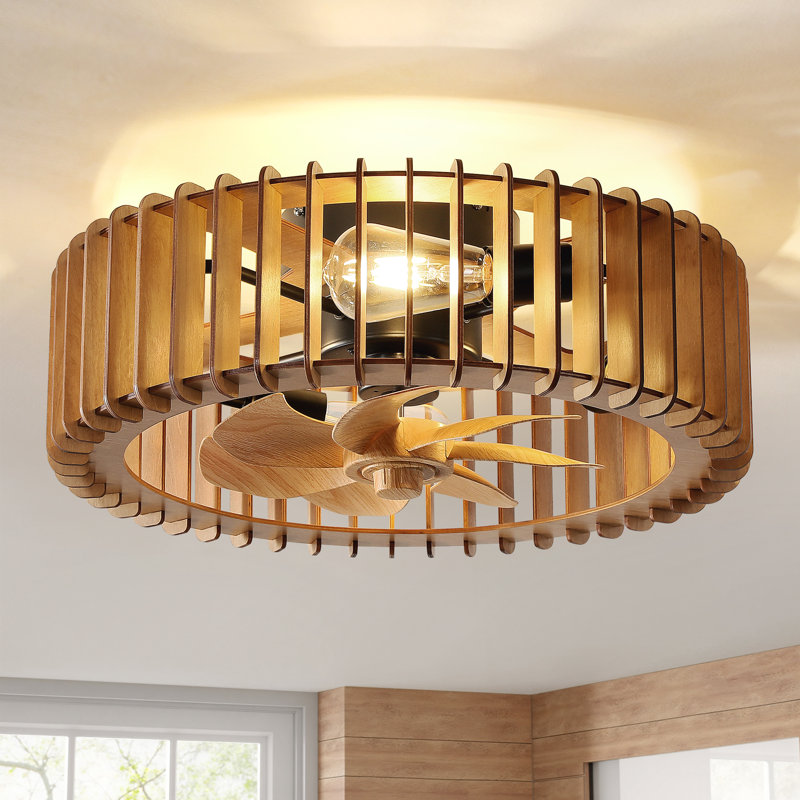 20" Flush Mount Caged Wooden Ceiling Fan With Lights And Remote Control, Light Wood