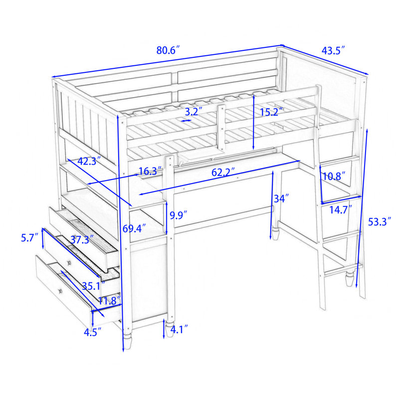 Gamel Kids Twin Loft Bed with Drawers, White
