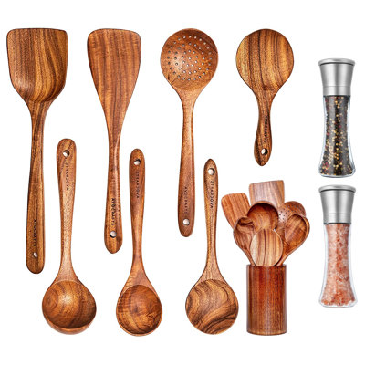 Ensemble de 10 cuillères à cuisson en bois avec pot à ustensiles