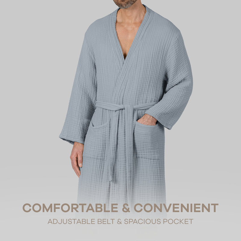 Comfy Cubs Muslin Bathrobe for Men and Women, 100% Cotton Robe with 4-Layer Absorbent Muslin Fabric, Soft Bath Robe with Pockets & Belted Design