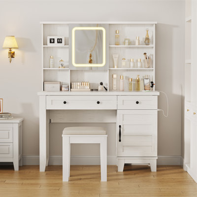 Farmhouse Makeup Vanity Desk with Lighted Mirror, Glass Top, Charging Station, Storage Drawers, Upholstered Stool – Bedroom Dressing Table by Latitude Run