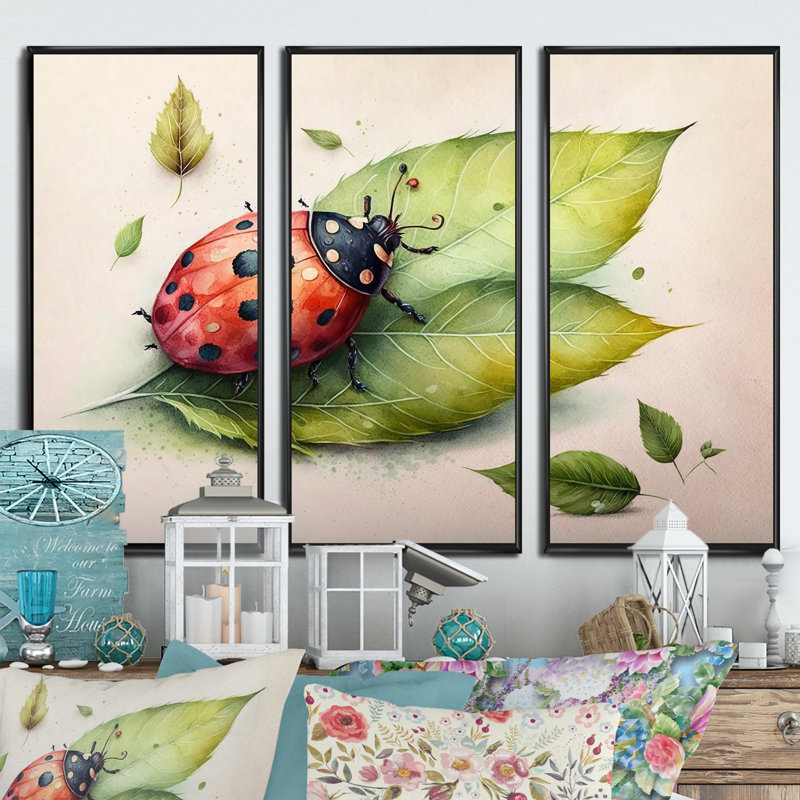«Ladybug On A Leaf», reproduction sur toile 3 pièces, H 28 po x l 36 po x P 1 po, Cadre blanc