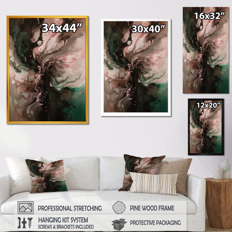 Rose et vert, monde intérieur de marbre II - art mural abstrait géométrique, H 32 po x l 16 po x P 1 po, Cadre flottant doré