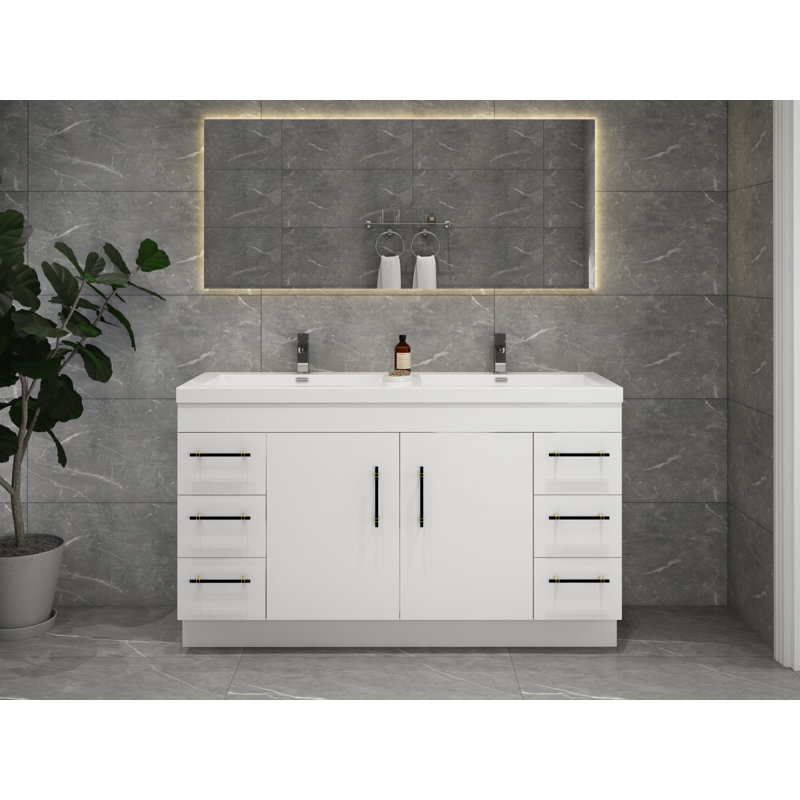 Ensemble de meuble-lavabo double 60 po Carliss, Gris lustré, Or