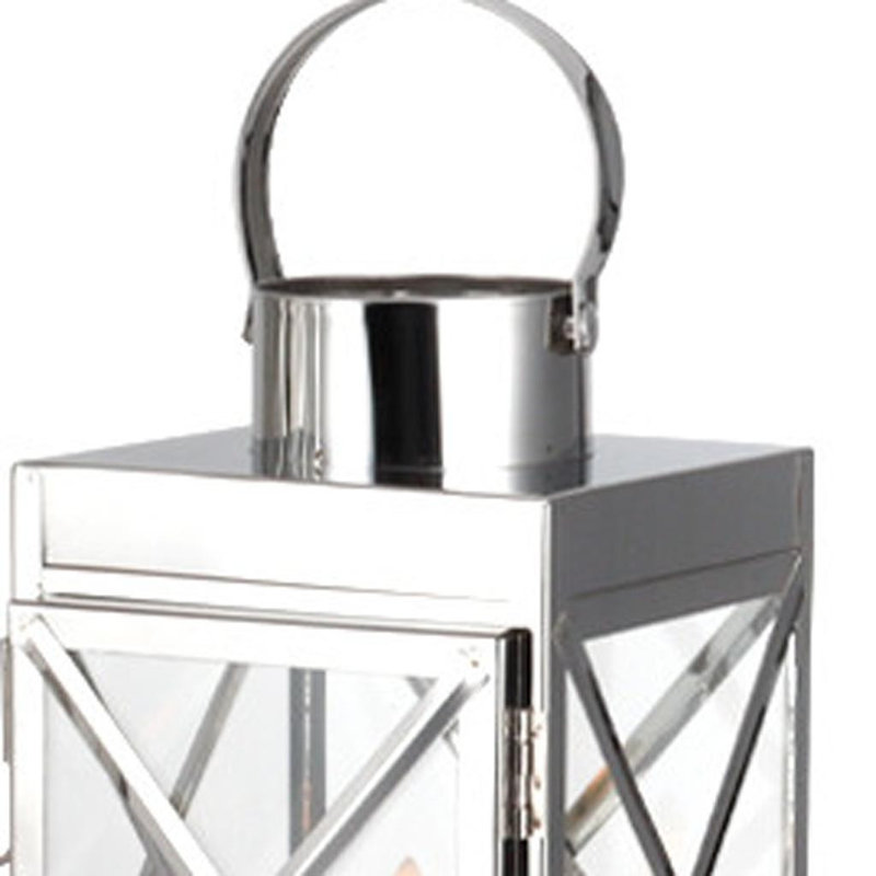 Set of Three Clear And Silver Glass And Stainless Steel Tabletop Lantern Candle Holders