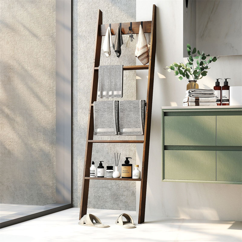 Bamboo Blanket Ladder 5-Tier Ladder Shelf With 4 Removable Hooks