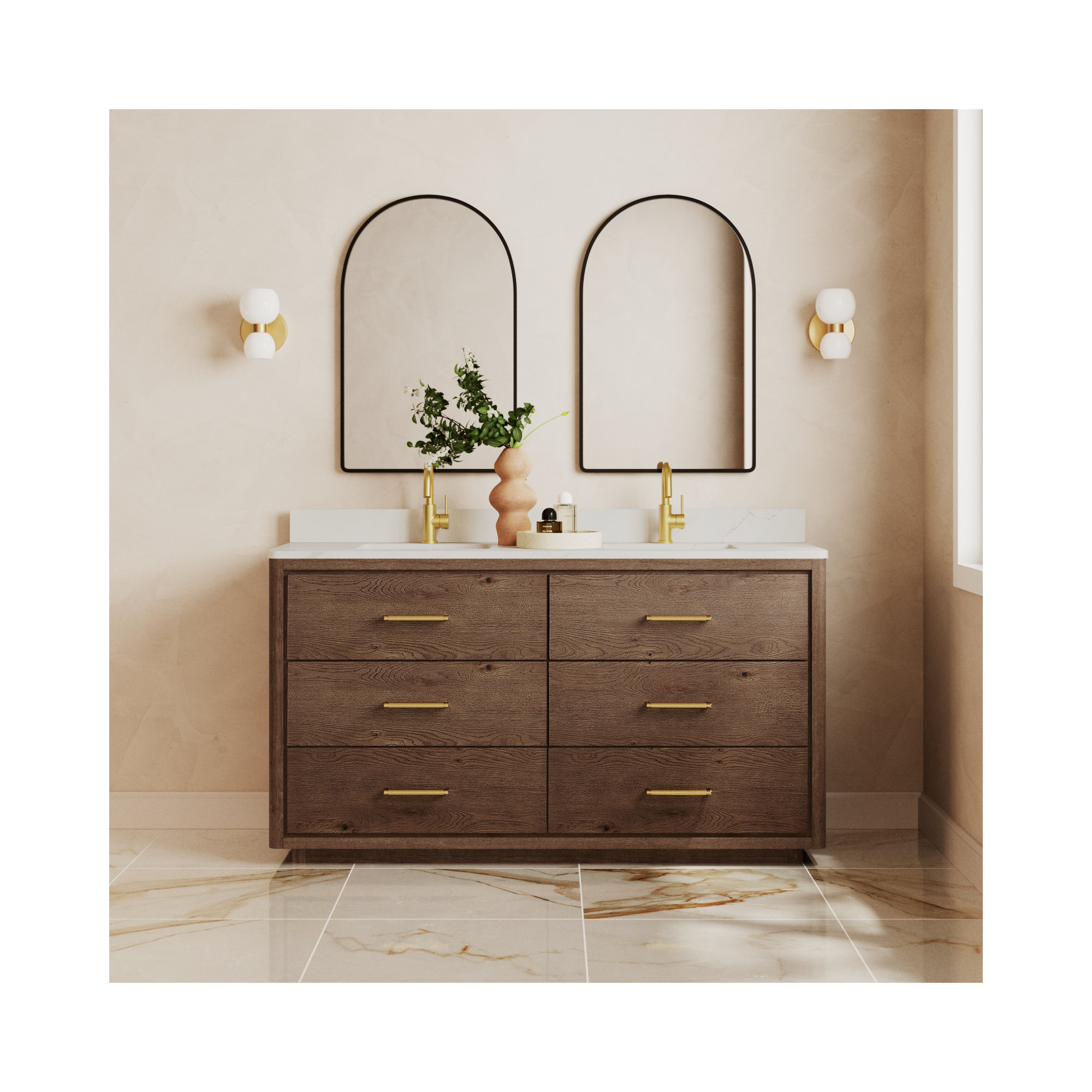 Porto 60'' Double Bathroom Vanity, Gold, Dark Brown Oak