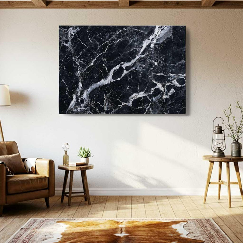 Art mural sur toile en marbre noir, impression de texture de pierre foncée - décor de granit de luxe moderne, peinture abstraite veinée pour bureau