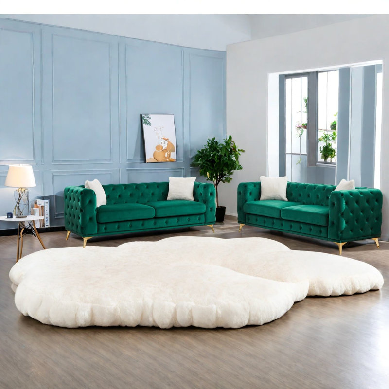 Ensemble de canapés à compression, velours vert 3 places, canapé moderne capitonné
