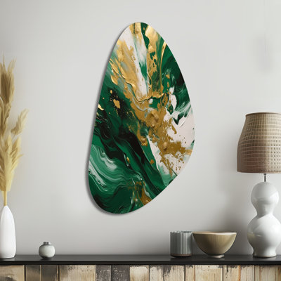Green and Gold Serene Cascade II - Abstract Asymmetrical Metal Wall Art, Modern Unique Shape Metal Art Print