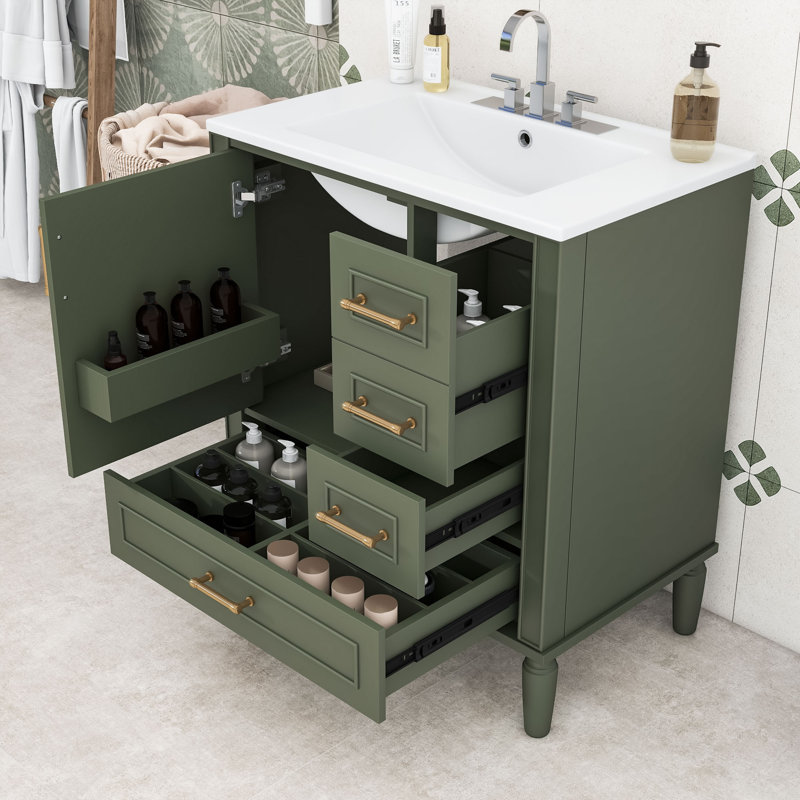 Meuble-lavabo de salle de bain avec lavabo en céramique, tiroirs à fermeture en douceur et porte, Vert olive